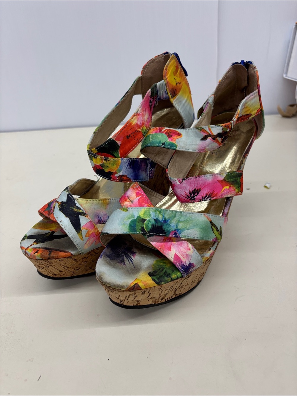 Red Circle Footwear Floral Multi-Color Cork Wedge Sandals